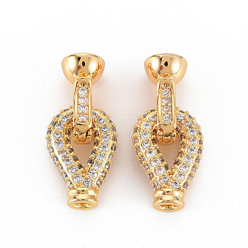Brass Micro Pave Clear Cubic Zirconia Fold Over Clasps, Nickel Free, Teardrop, Real 18K Gold Plated, 18x12x5mm, Hole: 2.5mm, Clasp: 15x7.5x7.5mm, Inner Diameter: 5.5mm