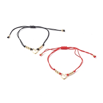 Adjustable Nylon Thread Braided Bead Bracelets, with Brass Beads, Heart, Mixed Color, Inner Diameter: 1/2~3-1/2 inch(1.4~8.9cm), 2pcs/set