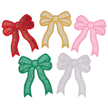 10Pcs 5 Colors Bowknot Computerized Embroidery Cloth Self Adhesive Patches, Stick On Patch, Costume Accessories, Appliques, Mixed Color, 130x100x1mm, 2pcs/color