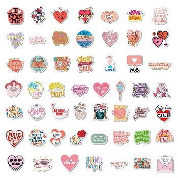 50Pcs Self Love Theme Cartoon English Word Paper Sticker Label Set, Adhesive Label Stickers, for Suitcase & Skateboard & Refigerator Decor, Mixed Color, 23~57x30~61x0.2mm