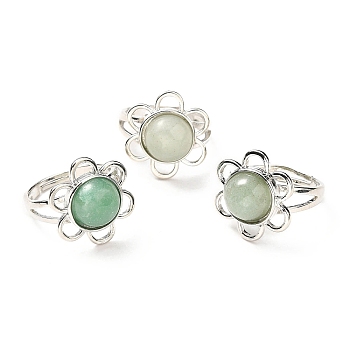 Natural Green Aventurine Adjustable Rings, Platinum Tone Flower Brass Rings for Women, Cadmium Free & Lead Free, US Size 7 3/4(17.9mm), 3~7mm
