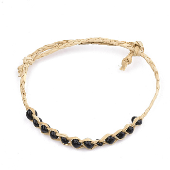 Handmade Braided Raffia Bracelets, Lucky Bracelets, with Seed Beads, Adjustable, Black, 9-7/8 inch~10-7/8 inch(25cm~27.5cm)