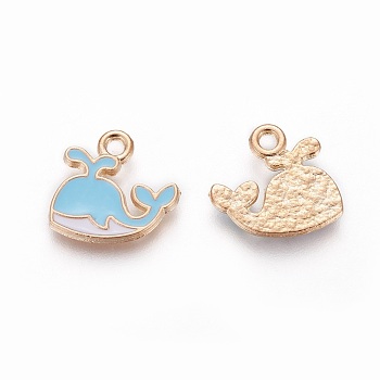 Alloy Enamel Charms, Whale Shape, Light Gold, Light Sky Blue, 12x13x1.5mm, Hole: 1.4mm