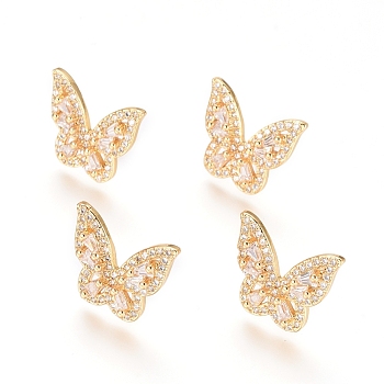 Brass Micro Pave Clear Cubic Zirconia Stud Earrings, Long-Lasting Plated, Butterfly, Golden, 13.5x16mm, Pin: 0.9mm