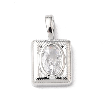 Brass Micro Pave Clear Cubic Zirconia Charms, Rectangle with Oval Charms, Real Platinum Plated, 14x8x4mm, Hole: 4x2mm