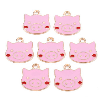 Alloy Pendants, with Enamel, Cartoon Piggy Charms, Cadmium Free & Lead Free, Light Gold, Pearl Pink, 17.5x17.5x1mm, Hole: 2mm