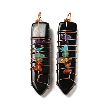 7 Chakra Gemstone Big Pendants, Bullet Shape Charms with Glass and Golden Plated Brass Wire Wrapped, Black, 58.5x11.5x14mm, Hole: 5x4.5mm