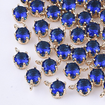Transparent Glass Charms, with Brass Findings, Faceted, Crown, Light Gold, Medium Blue, 8.5x6x5mm, Hole: 1mm