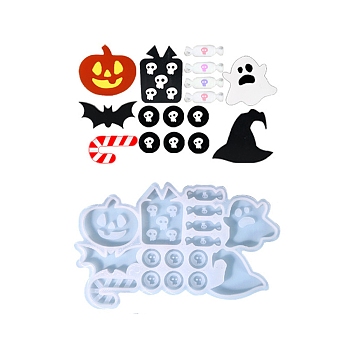 Halloween Theme Ghost/Candy/Bat DIY Silicone Molds, Resin Casting Molds, for UV Resin, Epoxy Resin Craft Making, White, 125x73x7mm, Inner Diameter: 6.5~36.5x12~37.5mm