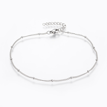 304 Stainless Steel Anklets, with Lobster Claw Clasps, Round Beads and Cable Chains, Stainless Steel Color, 220mm, 1.4mm