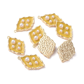 Enamel Pendants, with Brass Findings and Acrylic Pearl, Real 18K Gold Plated, Rhombus, Yellow, 19.5x12.3x4mm, Hole: 1mm