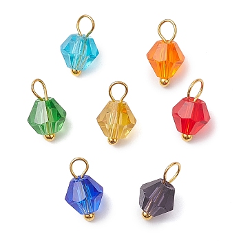 7Pcs Imitation Austrian Crystal Glass Pendants, with Brass Ball Head Pins, Bicone, Golden, 10x6mm, Hole: 2.5mm, 7pcs/set