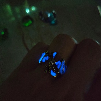 Luminaries Enamel Dragon Open Cuff Ring, Glow In The Dark Alloy Chunky Wide Ring for Women, Blue, Inner Diameter: 20mm