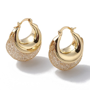 Crystal Rhinestone Beaded Double Horn Thick Hoop Earrings, Brass Jewelry for Women, Real 18K Gold Plated, 31.5x26x17mm, Pin: 0.8mm