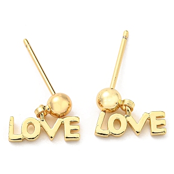 Rack Plating Brass Word Love Dangle Stud Earrings, Cadmium Free & Lead Free, Long-Lasting Plated, Real 18K Gold Plated, 10x11mm