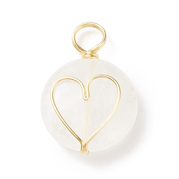 Natural Quartz Crystal Pendants, Rock Crystal Pendants, with Real 18K Gold Plated Eco-Friendly Copper Wire Wrapped, Flat Round with Heart Charm, 22x16x5.5mm, Hole: 3~4.5mm