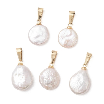 Natural Keshi Pearl Pendants with 304 Stainless Steel Snap on Bails, Flat Round Charms, White, Real 18K Gold Plated, 13.5~16.5x10.5~11.5x3.5~5.5mm, Hole: 5.7x2.5mm