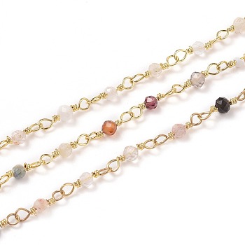 3.28 Feet Natural Mixed Stone Handmade Beaded Chains, with Brass Findings, Golden, Unwelded, Round, Faceted, 12x1~1.25mm, Bead: 2.5mm