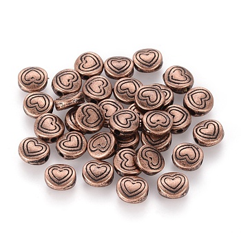 Tibetan Style Alloy Beads, Flat Round with Heart, Red Copper, Lead Free & Cadmium Free & Nickel Free, 6x6x3mm, Hole: 1.5mm