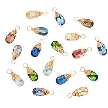 30Pcs Faceted Glass Pendants, with Copper Jewelry Wire, Real 18K Gold Plated, Teardrop, Mixed Color, 20~21x9x5mm, Hole: 1.5~2mm