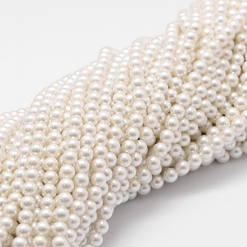 Shell Pearl Beads Strands, Grade A, Polished, Round, White, 6mm, Hole: 1mm, about 63pcs/strand, 15.70''(39.88cm)