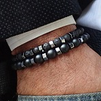 2Pcs 2 Style 8mm Round Natural Lava Rock & Frosted Black Agate Stretch Bracelets Set, Stackable Bracelets for Men(TH1702-1)