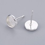 304 Stainless Steel Stud Earring Findings, Flat Round, Silver Color Plated, Tray: 6mm, 8x2mm, Pin: 0.8mm(STAS-F188-01P-A)