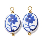 Handmade Porcelain Pendants, with Brass Findings, Blue and White Porcelain, Oval with Flower Charms, Royal Blue, Real 18K Gold Plated, 27x15x5mm, Hole: 3mm(PR-CBA8966-10G)