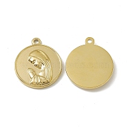 Vacuum Plating 201 Stainless Steel Pendants, Flat Round with Nun Charm, Real 18K Gold Plated, 23.5x20x3mm, Hole: 2mm(STAS-J401-VC623)