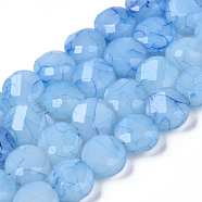 Opaque Baking Painted Crackle Glass Beads Strands, Flat Round, Faceted, Light Sky Blue, 8x5mm, Hole: 1.2mm, about 51pcs/strand, 15.47 inch~5.67 inch(39.3cm~39.8cm)(EGLA-T008-19F)