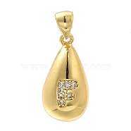 Rack Plating Brass Micro Pave Cubic Zirconia Pendants, Long-Lasting Plated, Lead Free & Cadmium Free,Real 18K Gold Plated, Teardrop with Letter Charms, Letter F, 21x11mm, Hole: 5x3mm(KK-L226-102G-F)