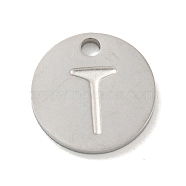 304 Stainless Steel Pendants, Laser Cut, Flat Round with Letter Charm, Stainless Steel Color, Letter T, 10x1mm, Hole: 1.4mm(FIND-M017-02P-T)