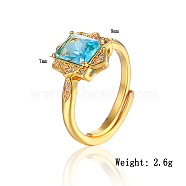 Rectangle Brass Micro Pave Deep Sky Blue Cubic Zirconia Adjustable Rings for Women, Golden(JY9197)