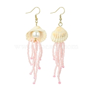 Natural Clam Shell Imitation Pearl Dangle Earrings, Glass Seed Bead Tassel Earrings for Women, Pink, 91x24mm(EJEW-MZ00231-03)