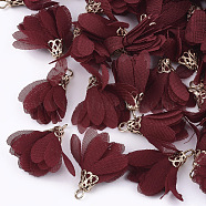 Chiffon Pendants, with Iron Findings, Flower, Golden, Dark Red, 25~27x20~30mm, Hole: 2.5mm(FIND-S300-03J)