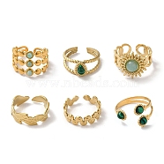 6Pcs 6 Style Leaf & Sun & Teardrop 304 Stainless Steel Open Cuff Rings Set, Synthetic Malachite & Natural Amazonite Stackable Rings, Real 18K Gold Plated, Inner Diameter: 16.7~18.2mm, 1Pc/style(RJEW-P092-06G-M)