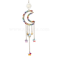 Glass Beads Wrapped Brass Moon Pendant Decooration, with Glass Star Charm for Hanging Suncatcher, Sun, Mixed Color, 219mm(HJEW-JM01607)
