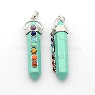 Yoga Chakra Jewelry Platinum Plated Brass Gemstone Double Terminated Pointed Big Pendants, Synthetic Turquoise, 58x17x16mm, Hole: 7x6mm(G-P053-19D)