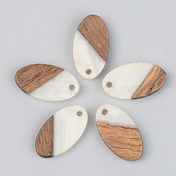 Opaque Resin & Walnut Wood Pendants, Oval, Floral White, 20x11x3mm, Hole: 2mm(RESI-S389-041A-C04)