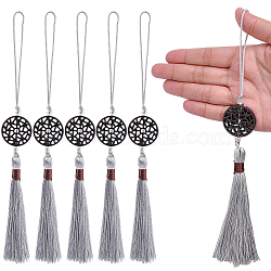 6Pcs Flat Round Wood Pendant Decorations, Polyester Tassel for Fan Hanging Ornaments, Light Grey, 235mm(AJEW-CP0010-44A)