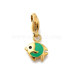 Fish 304 Stainless Steel Enamel Pendant Decorations, Ion Plating(IP), with Lobster Claw Clasp, Real 14K Gold Plated, Medium Sea Green, 11.5x9.5x1.5mm(STAS-R159-48G-01)