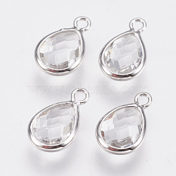 Glass Charms, with Brass Findings, Faceted Teardrop, Clear, Nickel Free, Real Platinum Plated, 12x7x3mm, Hole: 1.2mm(X-KK-Q752-001P)
