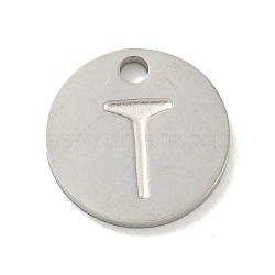 Non-Tarnish 304 Stainless Steel Pendants, Laser Cut, Flat Round with Letter Charm, Stainless Steel Color, Letter T, 10x1mm, Hole: 1.4mm(FIND-M017-02P-T)