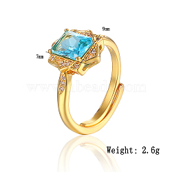 Rectangle Brass Micro Pave Deep Sky Blue Cubic Zirconia Adjustable Rings for Women, Golden(JY9197)