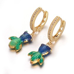 Brass Leverback Earrings, with Cubic Zirconia and Alloy Finding, Fish, Golden, 33mm; Pin: 1mm(EJEW-E234-05G-G)