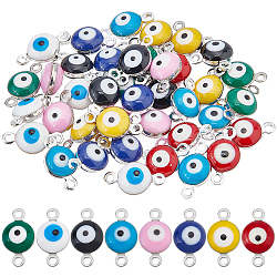 SUPERFINDINGS 48Pcs 8 Colors 925 Sterling Silver Plated Brass Enamel Connector Charms, Flat Round with Evil Eye, Mixed Color, 12x6.5x4mm, Hole: 1mm, 6pcs/color(FIND-FH0004-07)