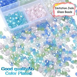 600Pcs 6 Colors Imitation Jade Electroplate Glass Beads Strands, AB Color Plated, Faceted, Bicone, Mixed Color, 4x4mm, Hole: 0.8mm, 100Pcs/color(GLAA-YW0003-27)