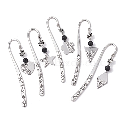 Star/Triangle/Heart 304 Stainless Steel Pendant Bookmarks, Flower Pattern Alloy Hook Bookmarks, with Natural Lava Rock, 117x21x2mm(AJEW-JK00288)