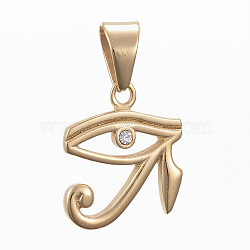 304 Stainless Steel Pendants, with Rhinestone, Eye of Ra/Re, Golden, 26x22.5x3.5mm, Hole: 11x8mm(STAS-H419-22G-B)