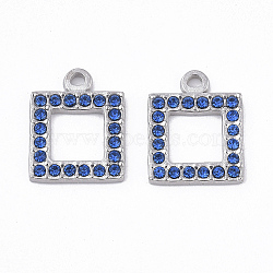 304 Stainless Steel Pendants, with Rhinestone, Square, Sapphire, 16.5x13x2mm, Hole: 1.6mm(STAS-T050-005B)